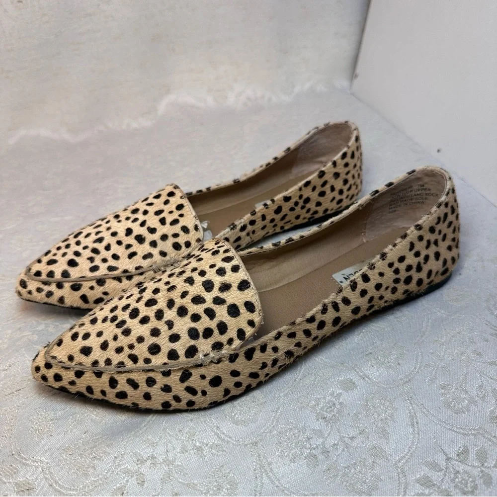 Steve Madden Feather Leopard Print Cow Hair  Black and Tan Womens Loafers Size 7
